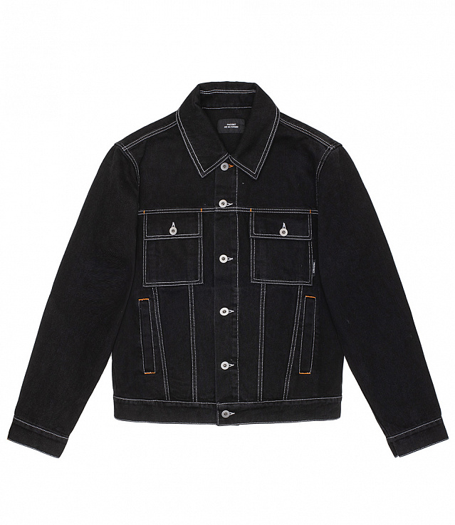 black jean jacket with white stitching